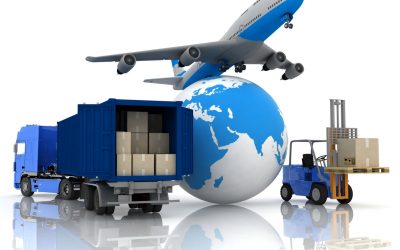 airliner with a globe and autoloader with boxes in a container